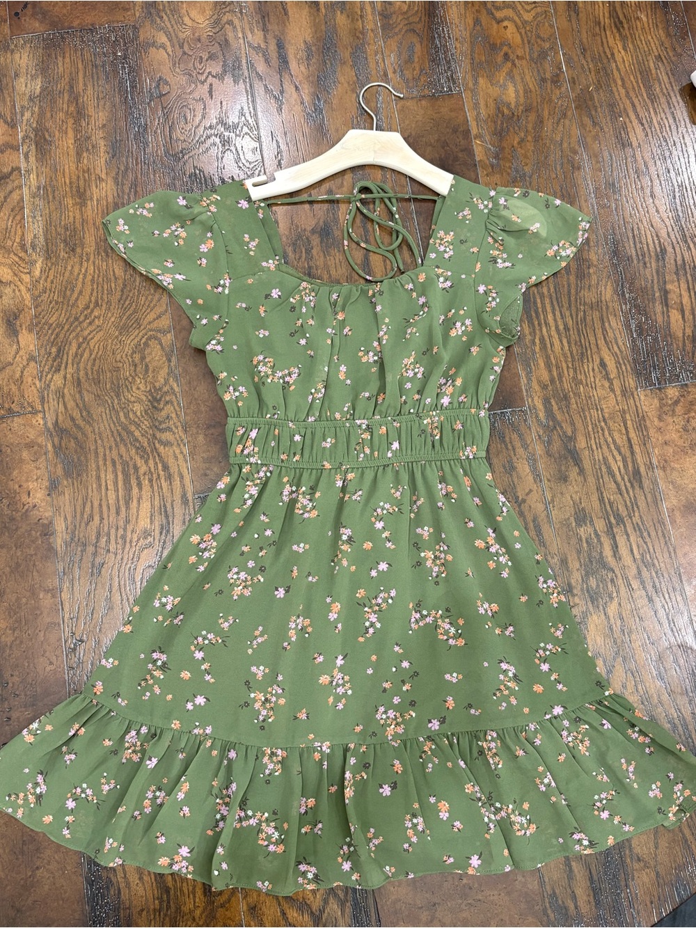 Olive Green Floral Ruffle Dress